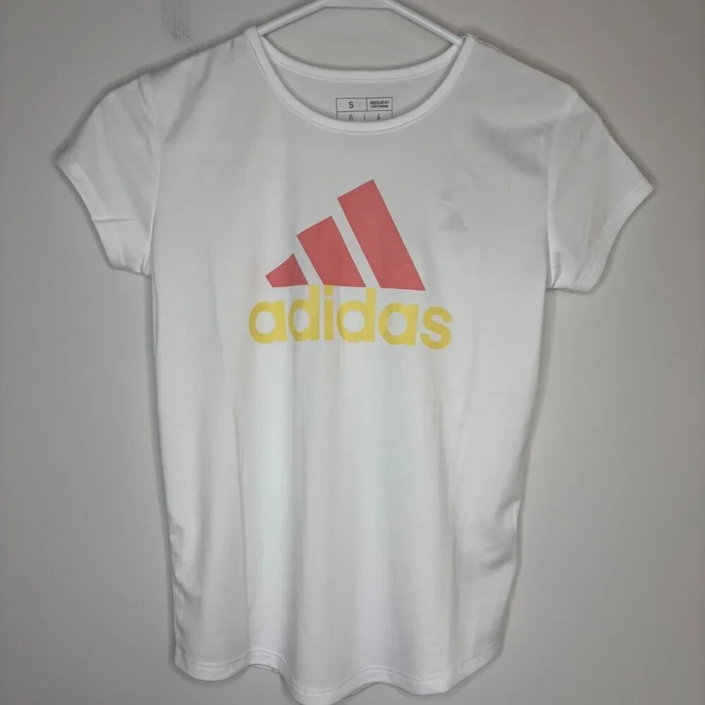 ADIDAS NEW Short Sleeve Tee Girls S(7/8) Aeroready Pink Yellow Crew Neck Reg Fit
